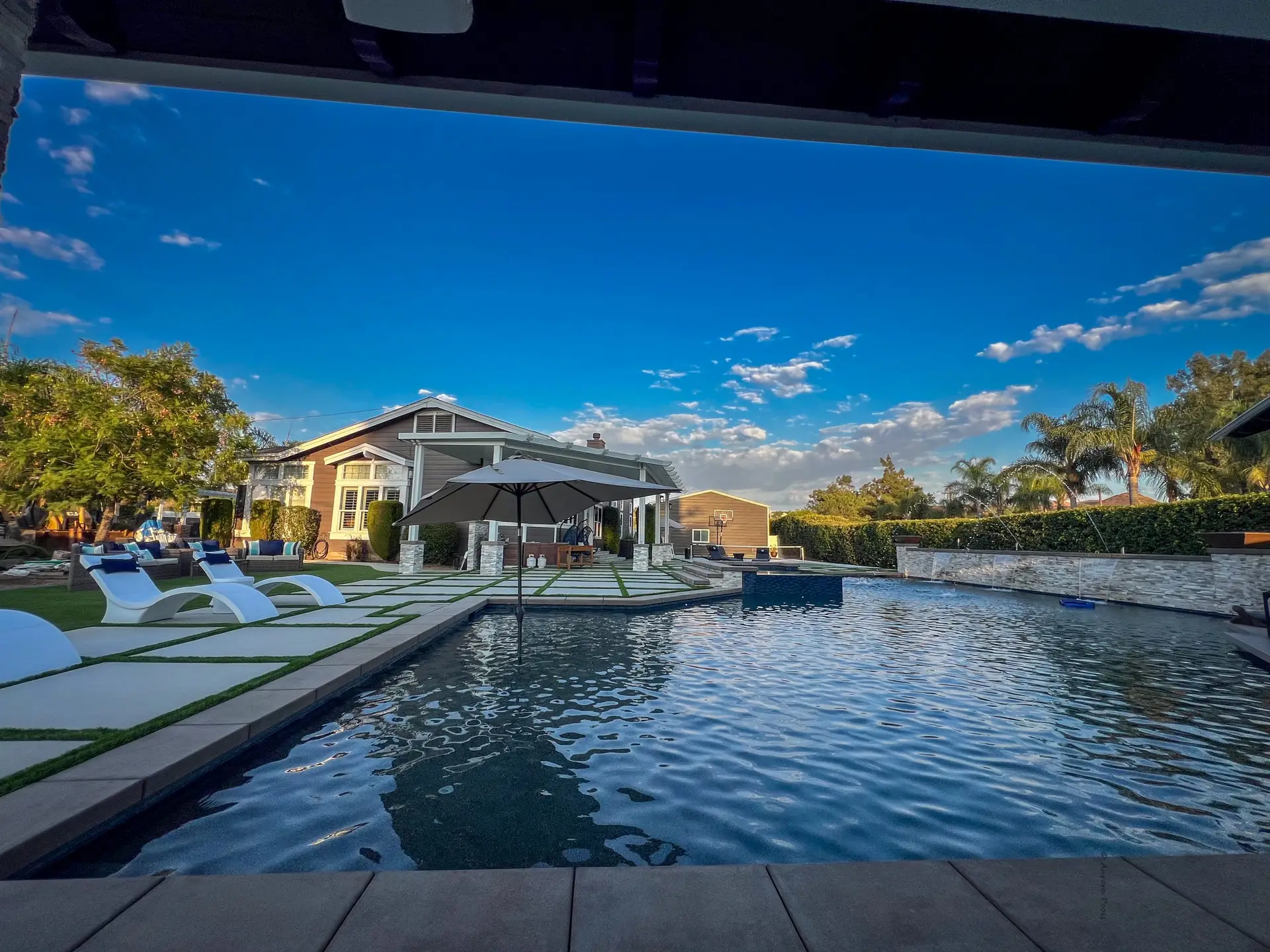 Completed Lake Elsinore pool with rock waterfall feature