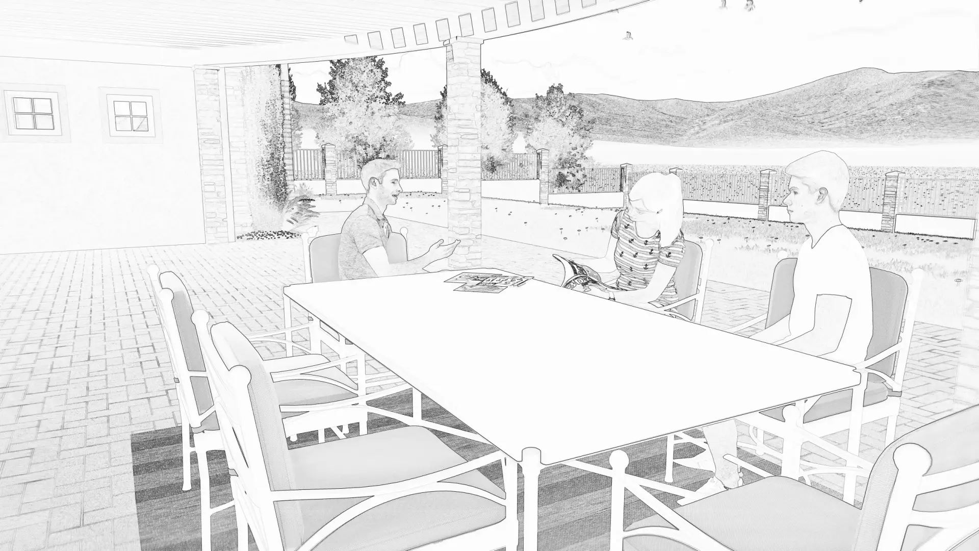 Custom pool design rendering by Aurora Pool Construction showing a modern backyard with pool, spa, and outdoor living space